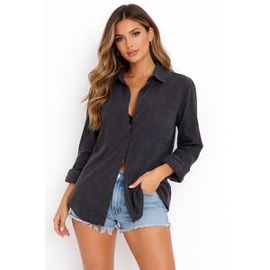 Cosmic Blue Love Hart Relaxed Button Down Shirt Womens Large Dark Grey NWT